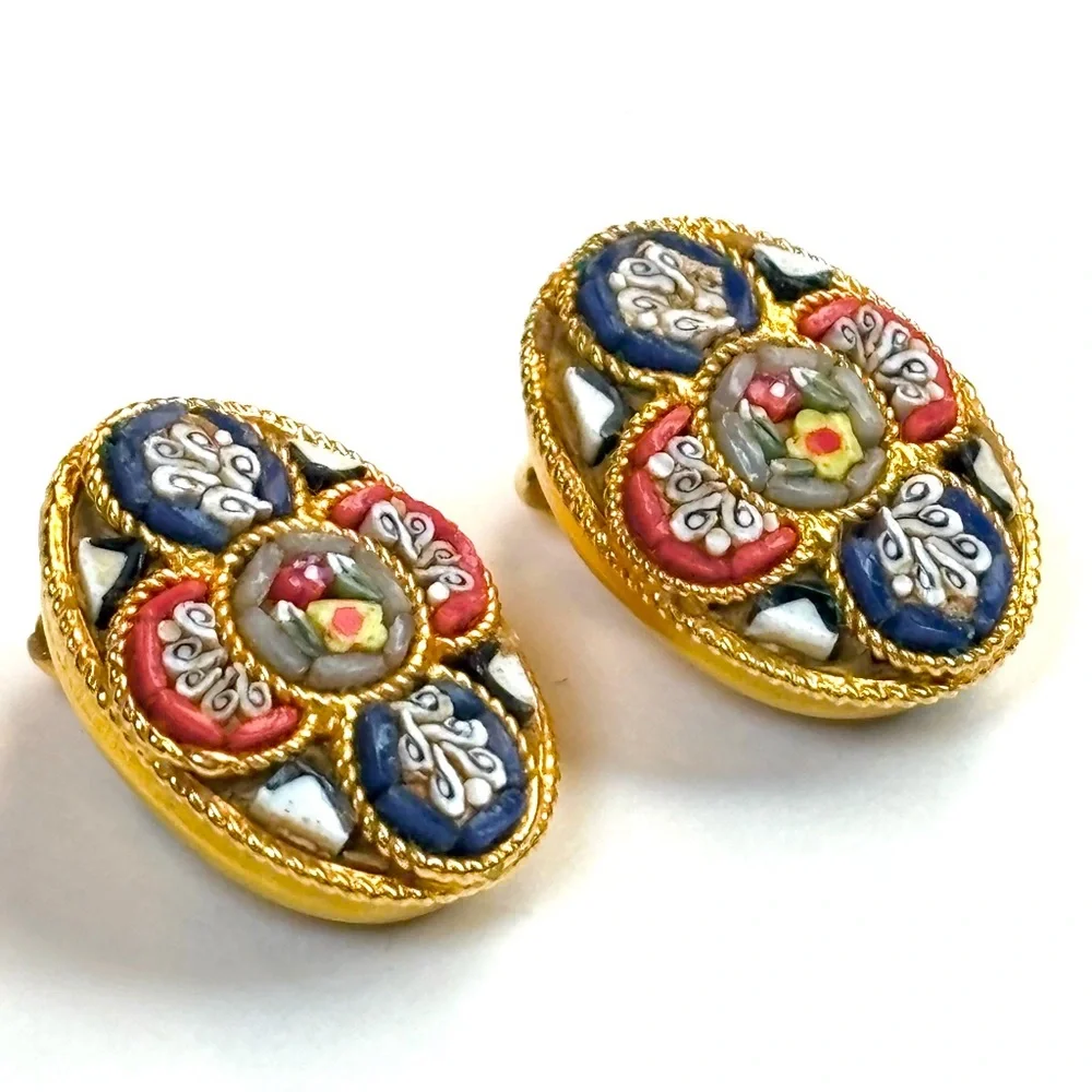 Vintage Italian Glass Micro Mosaic Oval Gold Tone Clip-on Earrings 1950’s Estate